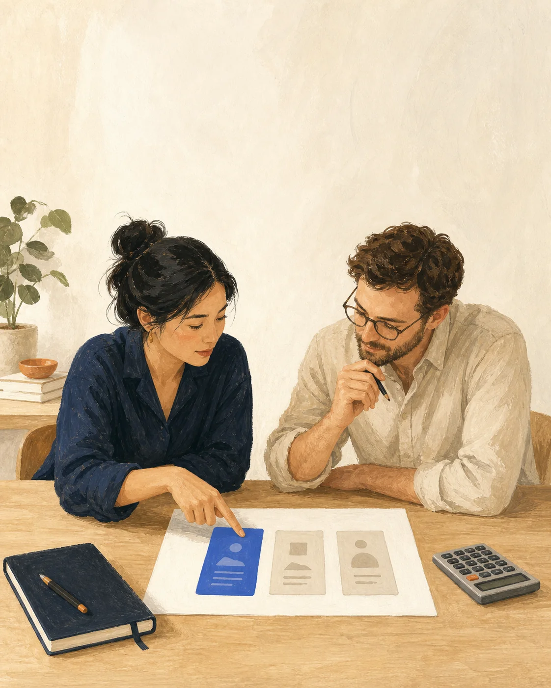 Deux personnes choisissent ensemble la première étape d’un projet, autour d’un plan de travail et d’une calculatrice.