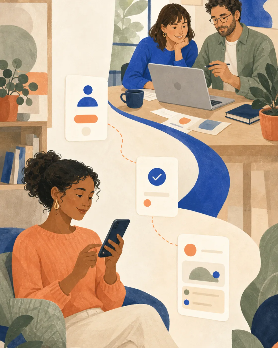 Une adhérente suit un parcours simple sur son téléphone pendant que l’équipe l’améliore.