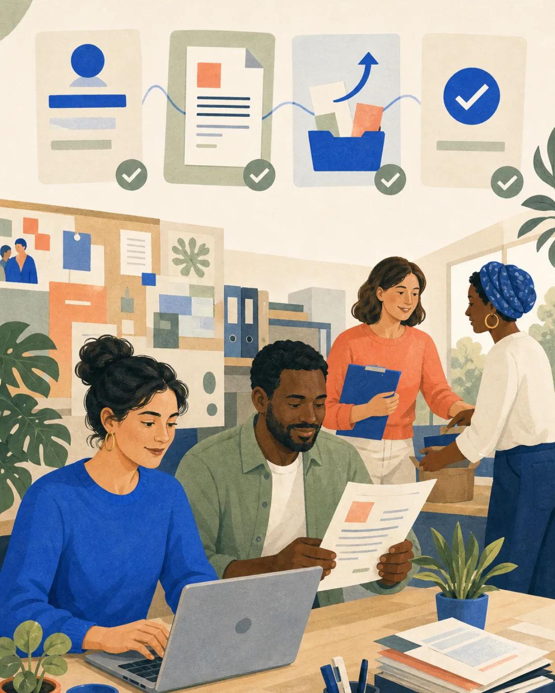 Une équipe associative utilise une application, vérifie un document et accompagne ses publics.